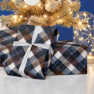Blaue Braune Weiße Graue Quadrate Weihnachten Geschenkpapier