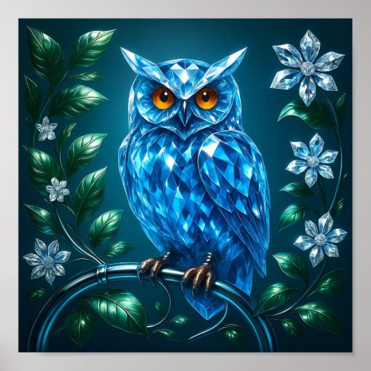 Blaue Brillante Eule auf Messingast Poster (Vorne)