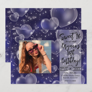 Blaue Bubble-Herzen Süße Mädchen-90er-Geburtstagsf Einladung