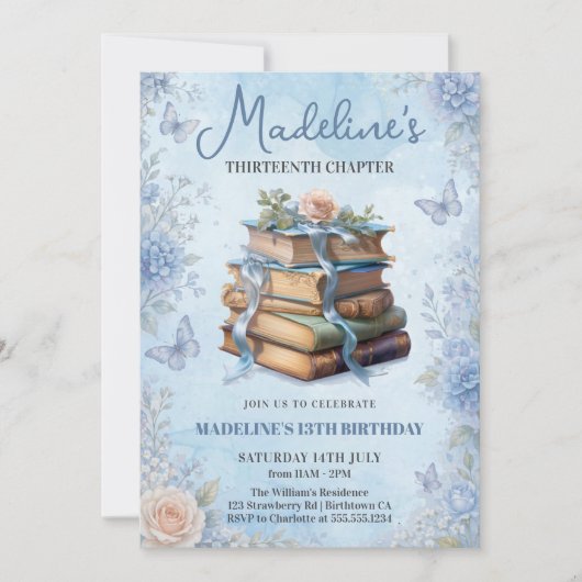 Blaue Buch Mädchen Geburtstagseinladung Einladung (Vorderseite)