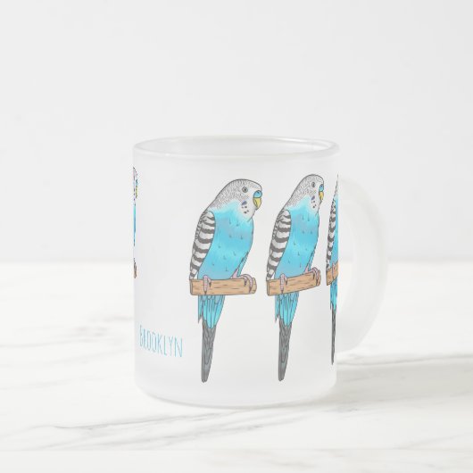 Blaue Budgerigar-Cartoon Mattglastasse (VorderseiteRechts)