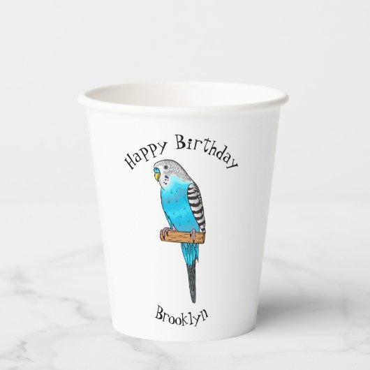Blaue Budgerigar-Cartoon Pappbecher (Vorderseite)