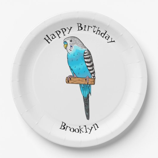 Blaue Budgerigar-Cartoon Pappteller (Vorderseite)