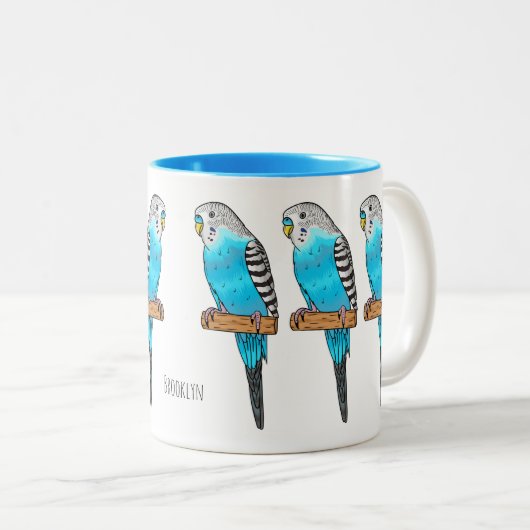 Blaue Budgerigar-Cartoon Zweifarbige Tasse (VorderseiteRechts)