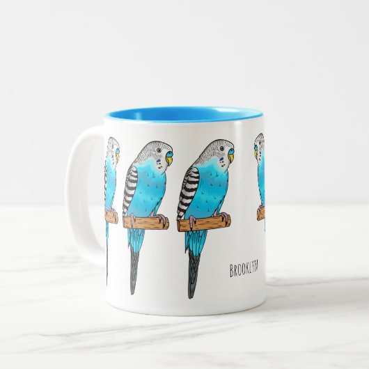 Blaue Budgerigar-Cartoon Zweifarbige Tasse (Vorderseite Links)