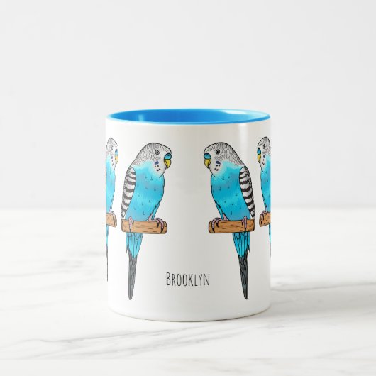 Blaue Budgerigar-Cartoon Zweifarbige Tasse (Mittel)