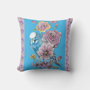 Blaue Budgie-Aquarell-Lilien-Blumendekor-Kissen Kissen
