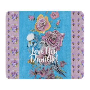 Blaue Budgie Blumen Glas Schneidbrett Schneidebrett