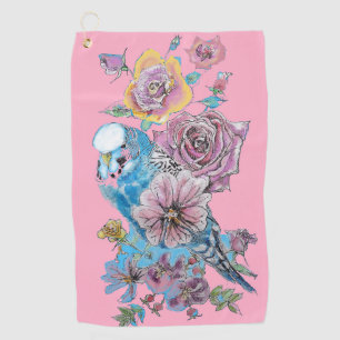 Blaue Budgie Blumengärten Pink Golfhandtuch