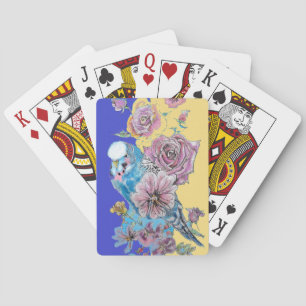 Blaue Budgie Rote Rose Blumen Spielende Blaue Kart Spielkarten
