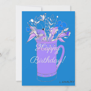 Blaue bunte Happy Birthday Blumen in Tasse  Feiertagskarte
