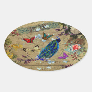 Blaue bunte Pfau Vintage Süßer Schmetterling Ovaler Aufkleber