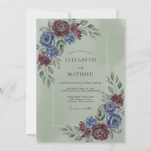 Blaue Burgunder Blumen Hochzeit Romantik Einladung