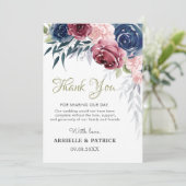 Blaue Burgunder-Rose Blush Pink Wedding Dankeskarte (Stehend Vorderseite)