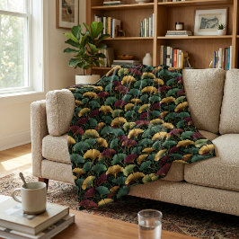 Blaue Burgunderrote Vintage Ginkgoblatt-Muster  Fleecedecke