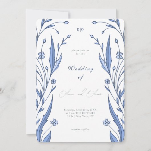 Blaue Butterblumen-Hochzeit Einladung (Vorderseite)