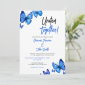 Blaue Butterfliegen Chic Wedding Einladung (Stehend Vorderseite)