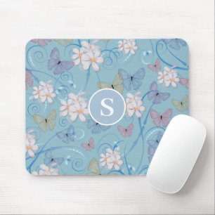 Blaue Butterfly Floral Monogram Mousepad