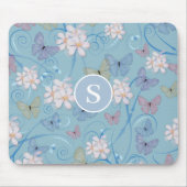 Blaue Butterfly Floral Monogram Mousepad (Vorne)