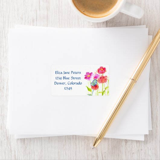 Blaue Butterfly Roter Mohn Aquarellfarben Blume Adressaufkleber (Insitu)