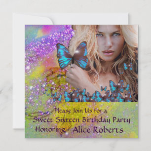 BLAUE BUTTERFLY SWEET 16 PARTY MONOGRAM, Champagne Einladung