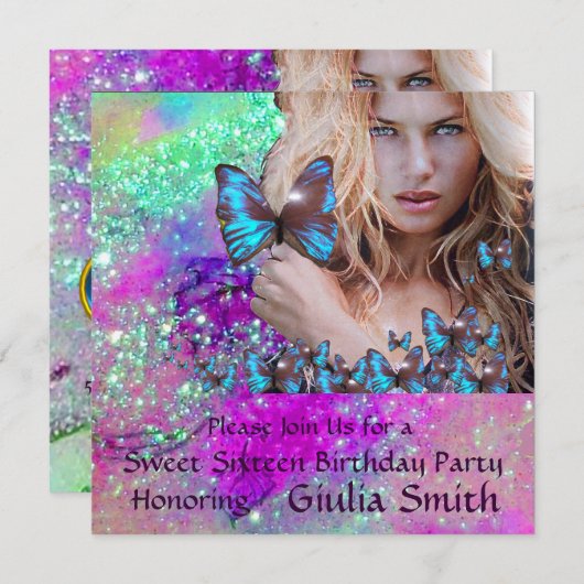 BLAUE BUTTERFLY SWEET 16 PARTY MONOGRAM, Champagne Einladung (Vorne/Hinten)