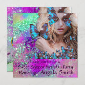 BLAUE BUTTERFLY SWEET 16 PARTY MONOGRAM, Champagne Einladung (Vorne/Hinten)