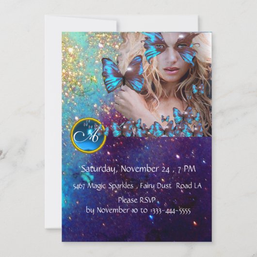 BLAUE BUTTERFLY SWEET 16 PARTY MONOGRAMM Silber Einladung (Rückseite)