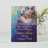 BLAUE BUTTERFLY SWEET 16 PARTY MONOGRAMM Silber Einladung (Stehend Vorderseite)