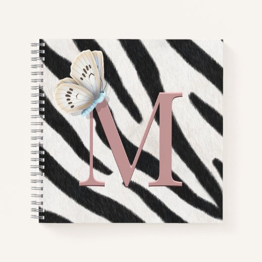 Blaue Butterfly und Zebra-Fur-Rose Monogram Custom Notizblock (Vorderseite)