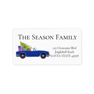 Blaue Cabrio mit Weihnachtsgeschenken Adressaufkleber