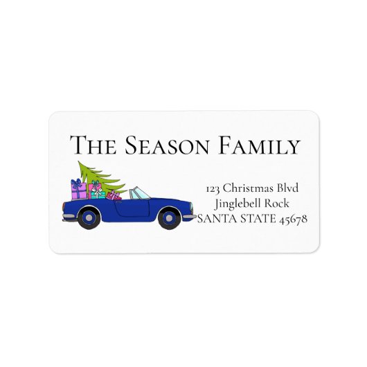 Blaue Cabrio mit Weihnachtsgeschenken Adressaufkleber (Vorne)