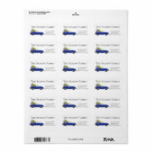 Blaue Cabrio mit Weihnachtsgeschenken Adressaufkleber (Vorne)
