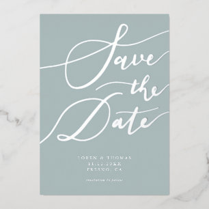 Blaue Calligraphy-Save-the-Date-Karte Folieneinladung