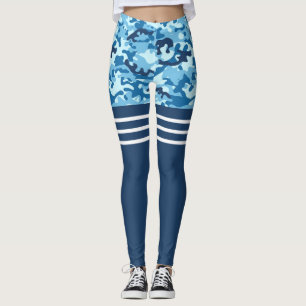 Blaue Camouflage, dreifach weißer Streifen Obersch Leggings