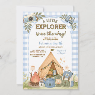 Blaue Camping Kleine Entdecker Baby-Party Einladung