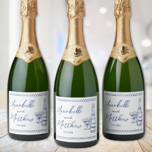 Blaue Champagner Handgezeichnete Hochzeit Schaumweinetikett