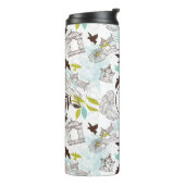 Blaue Chartreuse-Vogelkäfige Floralmuster-Monogram Thermosbecher (Nach links gedreht)
