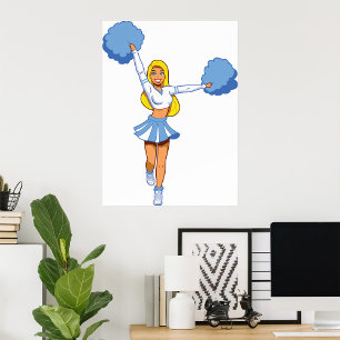 Blaue Cheerleaderin mit Pom-Poms Cheer Squad Poster