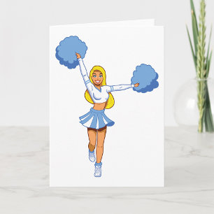 Blaue Cheerleaderin mit Pom-Poms Cheerleader-Grupp Karte