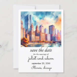 blaue Chicago-Hochzeit-Skyline Save-the-Date Einladung