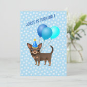 Blaue Chihuahua Erstgeburtstagsinvestitionen Einladung (Stehend Vorderseite)