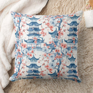 Blaue chinesische Pagoden-Kirschblüten-Muster Kissen