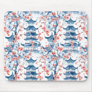 Blaue chinesische Pagoden-Kirschblüten-Muster Mousepad