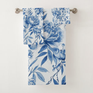 Blaue Chinoiserie-Aquarell-Blumen-Botanik Badhandtuch Set
