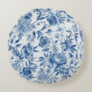 Blaue Chinoiserie-Aquarell-Blumen-Botanik Rundes Kissen
