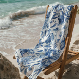 Blaue Chinoiserie-Aquarell-Blumen-Botanik Strandtuch