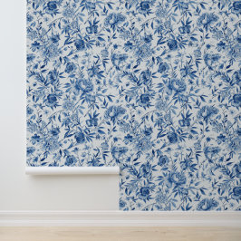 Blaue Chinoiserie-Aquarell-Blumen-Botanik Tapete