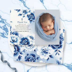 Blaue Chinoiserie, Aquarell Taufe Foto Dankeskarte