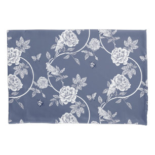 Blaue Chinoiserie Blume und Vögel Kissenbezug